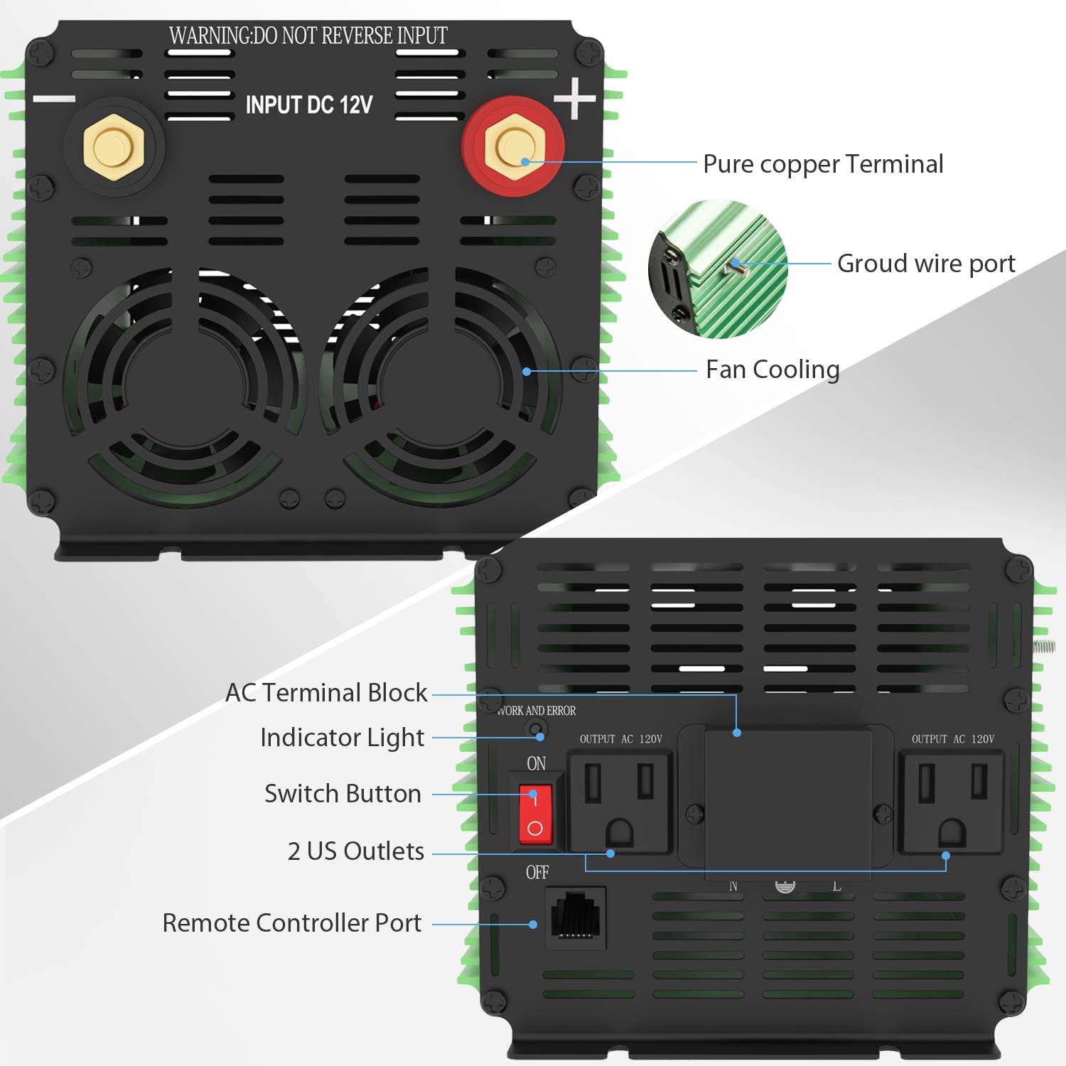 EDECOA 3000 Watt Power Inverter DC 12V to AC 110V 120V for Car Truck RV with LCD and Dual USB Romte Controller (ET-RC)
