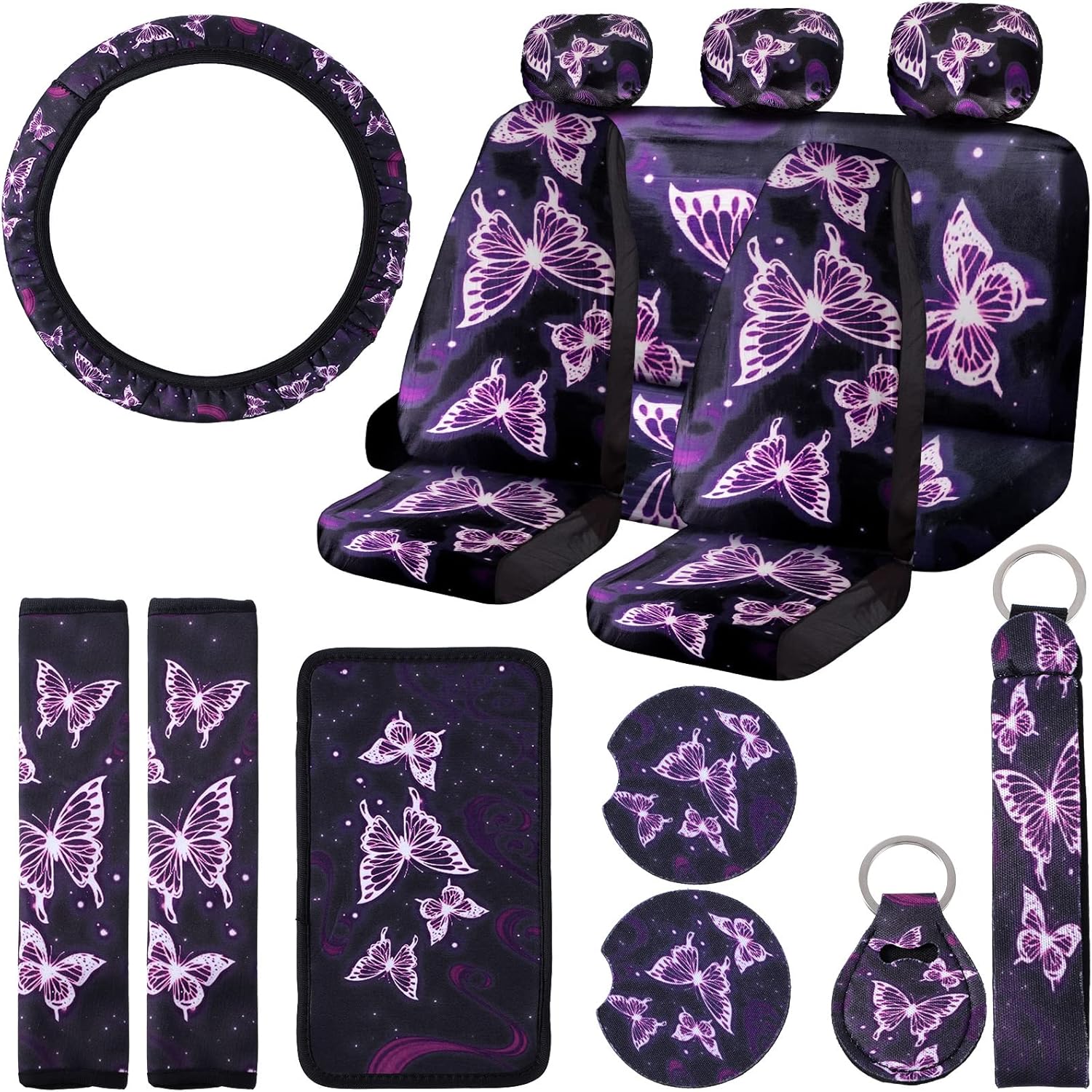 15 Pieces Purple Butterfly Car Seat Covers Full Set, Butterfly Car Accessories Set Steering Wheel Cover Center Console Armrest Pad Headrest Seat Belt Cover Keyring Coaster for Cars SUV Interior Decor