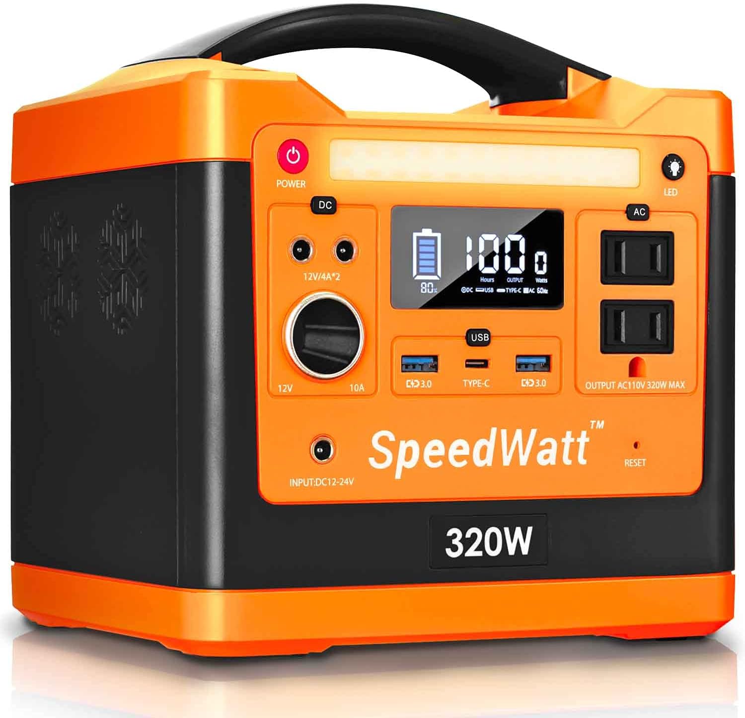 SpeedWatt Neon Orange Portable Power Station, 298 Wh/96000 mAh Compact Backup Lithium Battery for Outdoors Travel Camping Emergency Blackout, 110V/320W AC USB Type-C 60W PD (Solar Panel Not Included)