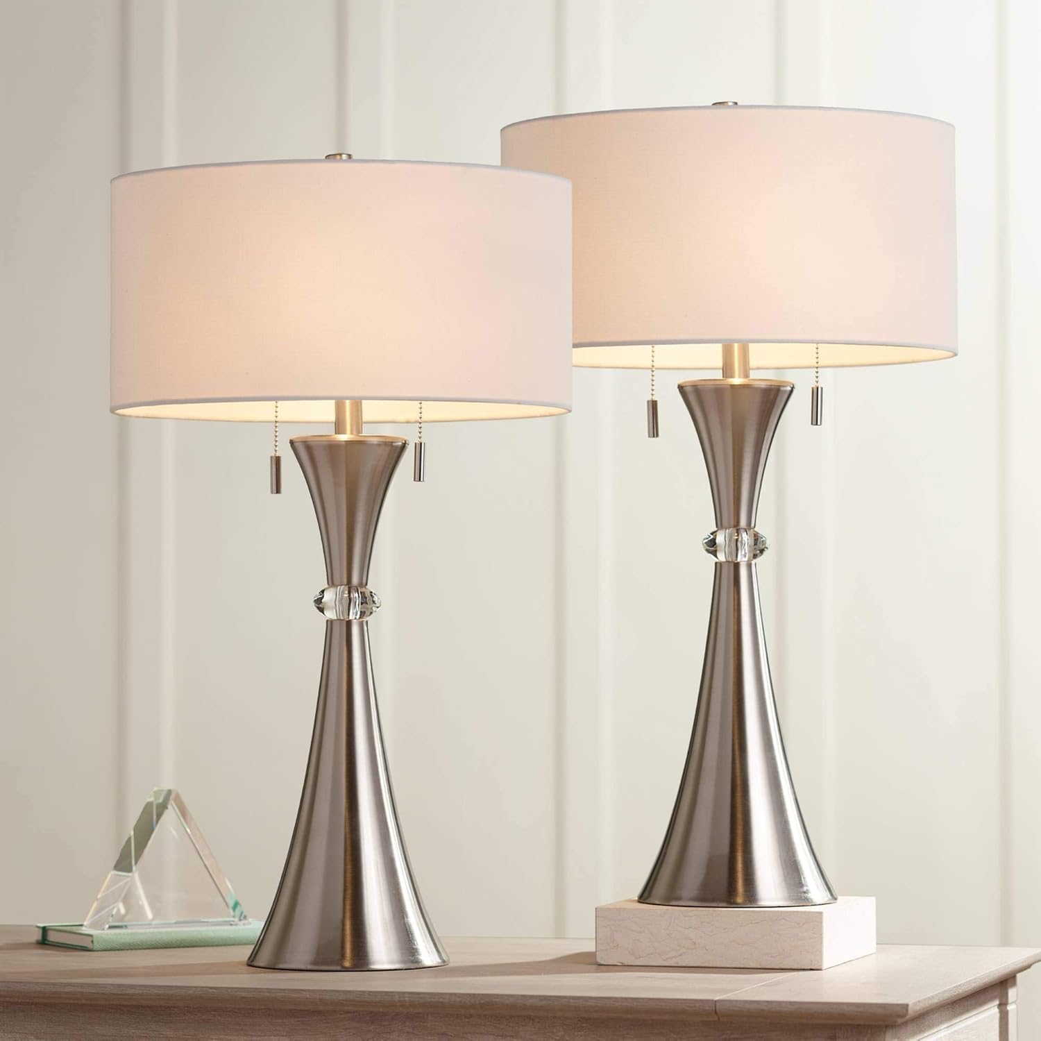 Rachel Modern Art Deco Table Lamps Set of 2 Concave Column Hourglass Silver Metal White Drum Shade for Living Room Bedroom House Bedside Nightstand Home Office Reading Family - 360 Lighting