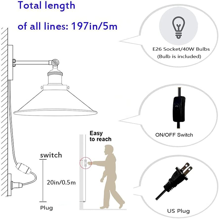 AECBUY Adjustable Swing arm Wall sconces - Vintage Black Plug in Wall Lights Industrial Metal Wall Mount lamp for Bedside Bedroom Indoor Doorway