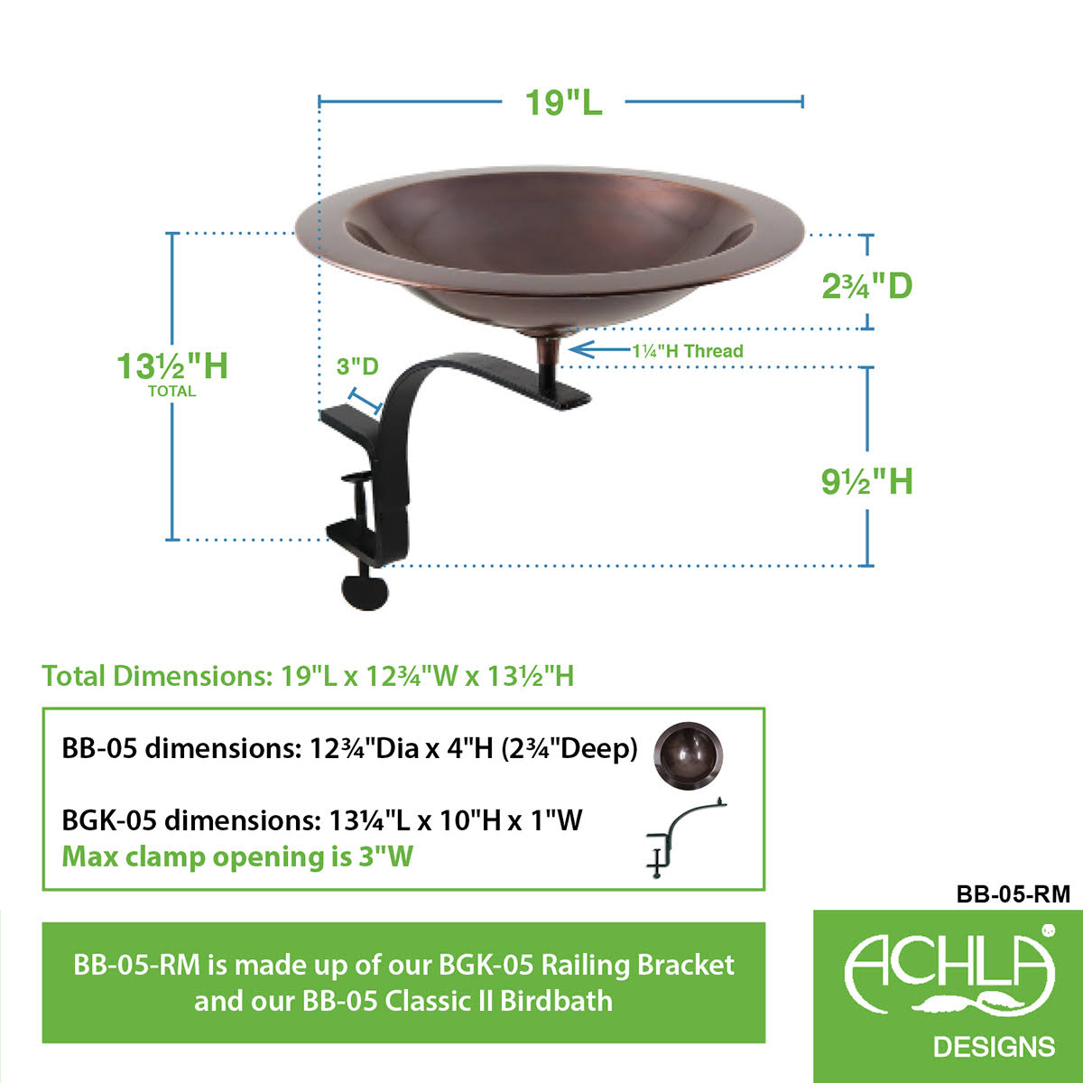Achla BB-05-RM Classic II Birdbath with Rail Mount BRACKET, Antique Copper