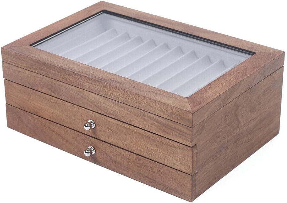 3 Layer MDF Board+Flannel+Acrylic Pen Boxes with Glass Lid,Portable Pen Display Box 34 Slot Pen Storage Organizer Box Pen Collector Box Pen Case for Shop or Home,Walnut Pack of 2