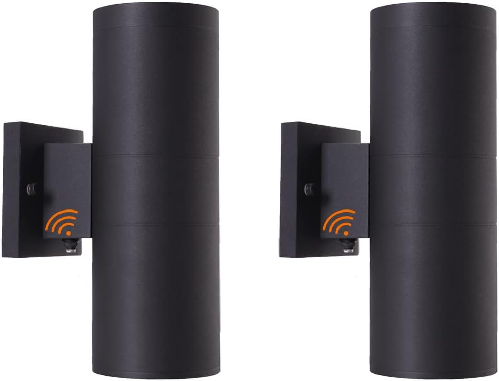 mirrea Modern Outdoor Porch Light Patio Light in 2 Lights Dusk to Dawn Photocell Sensor with Matte Black Aluminum Cylinder and Tempered Glass Cover Waterproof Wall Sconce 2 Pack