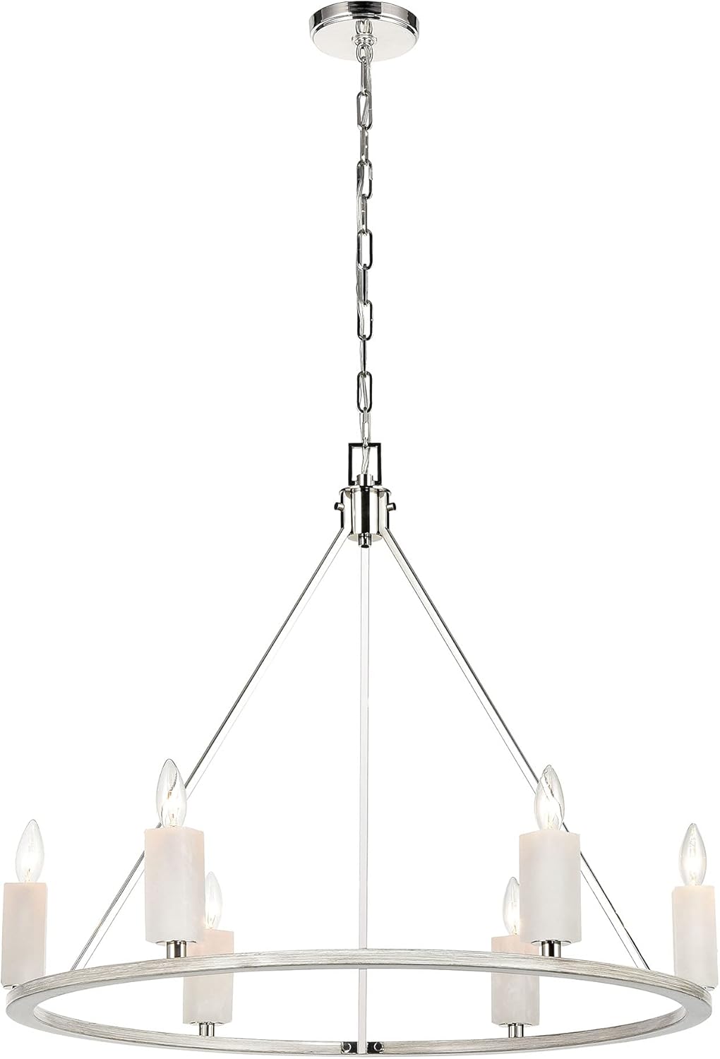 White Stone 6-Light Chandelier in Polished Nickel / Sun-Bleached Oak