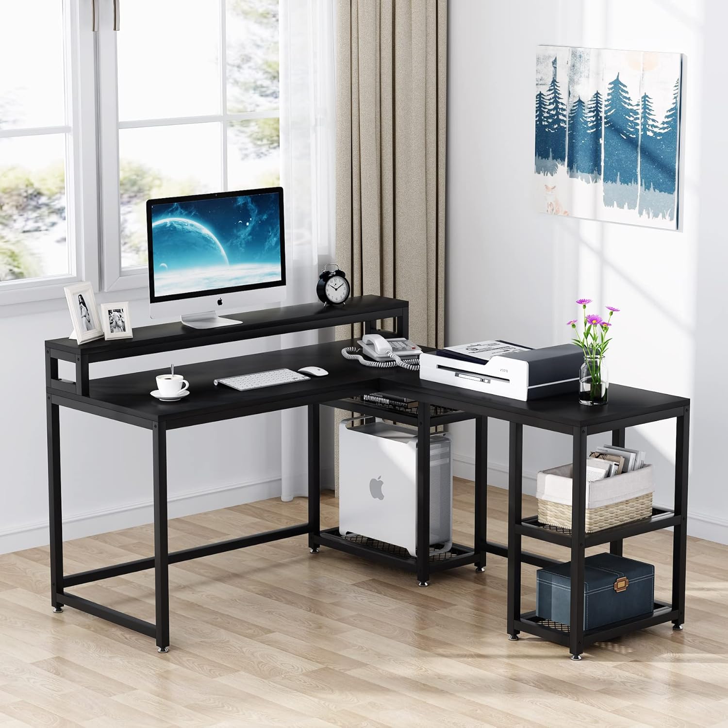 Tribesigns Reversible L-Shaped Desk with Monitor Stand, 59x55 inch Large Corner Computer Desk Study Writing Table with Storage Shelves for Home Office (Black)