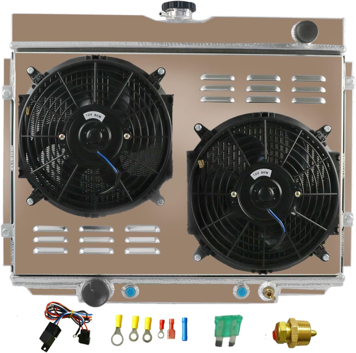 RadRace Aluminum Radiator for 1967 1968 1969 1970 Ford Mercury Mustang Cougar Fairlane Ranchero Falcon 3 Row Core Radiators Shroud Fan Thermostat Relay Kit