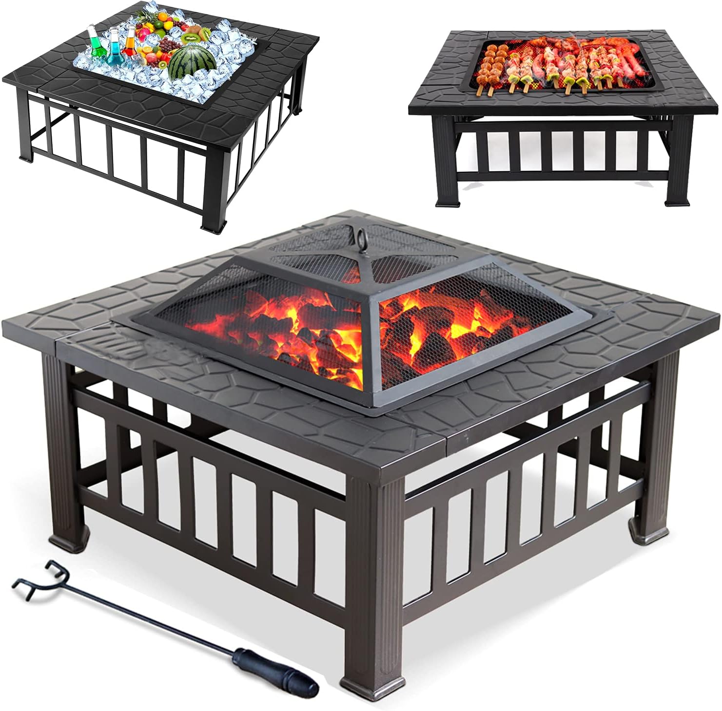 32 Inch Outdoor Fire Pit, Multifunctional Metal Fire Pit Square Fireplace Wood Burning Steel BBQ Grill Firepit with Spark Screen Cover Fire Bowl Stove for Backyard Poolside Beach Camping Patio Graden