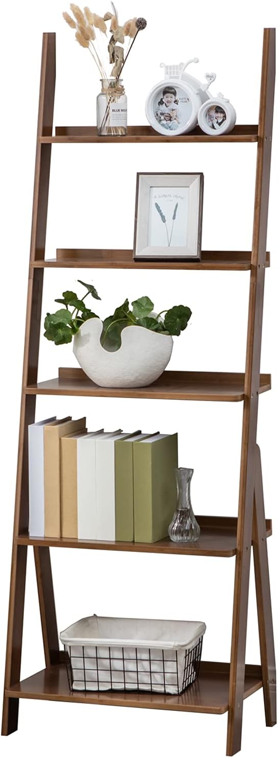 Ladder Shelf, 5-Tier Bookshelf, Sobibo Free Standing Organizer Storage Shelves, Storage Rack Shelf for Office, Bathroom, Living Room, Nature