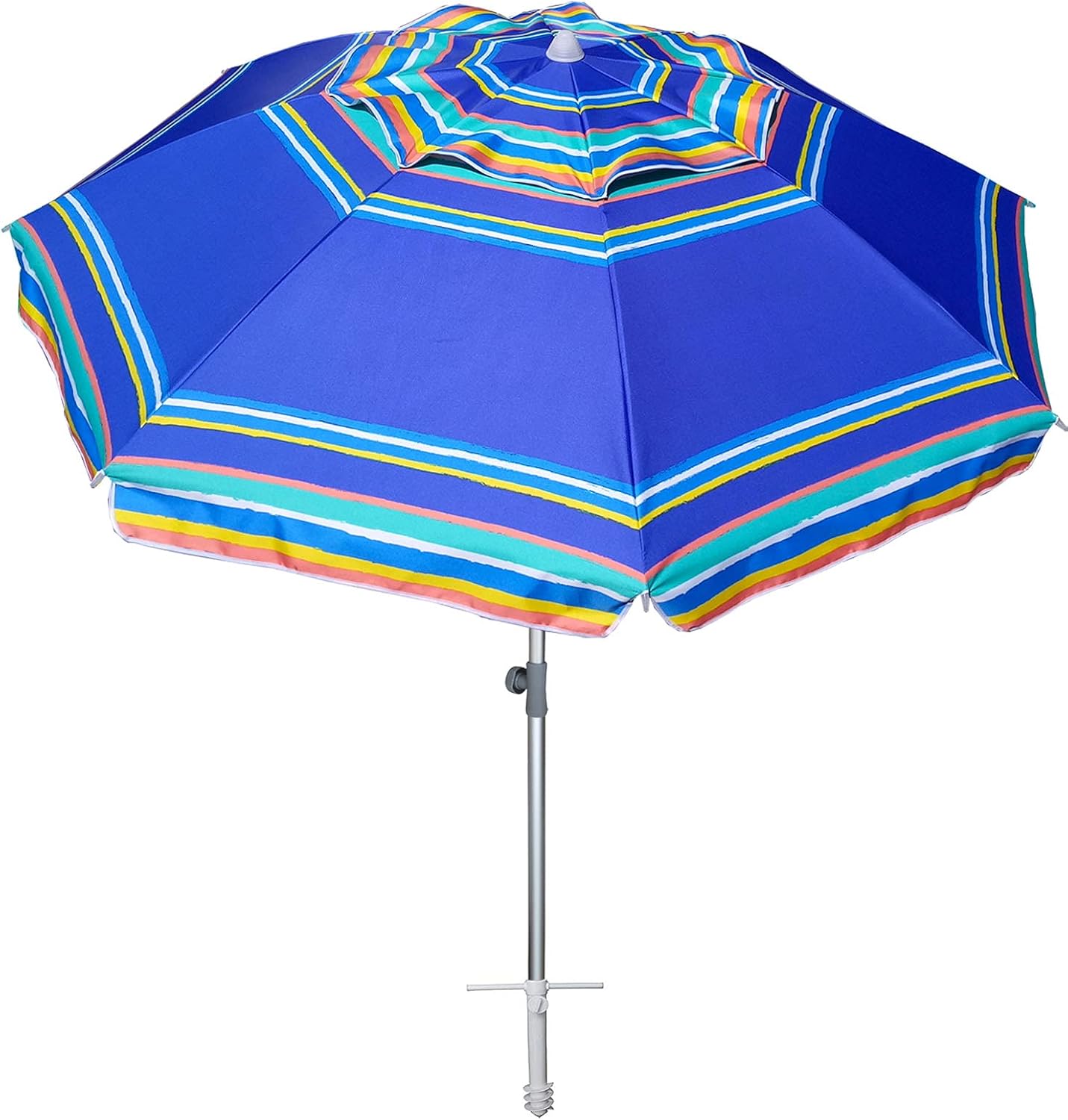 AMMSUN 7 Foot Heavy Duty HIGH Wind Beach Umbrella Parasols with sand anchor & Tilt Sun Shelter, UV 50+ Protection Outdoor Sunshade Umbrella with Carry Bag for Patio Garden Beach Pool Backyard Stripe Blue