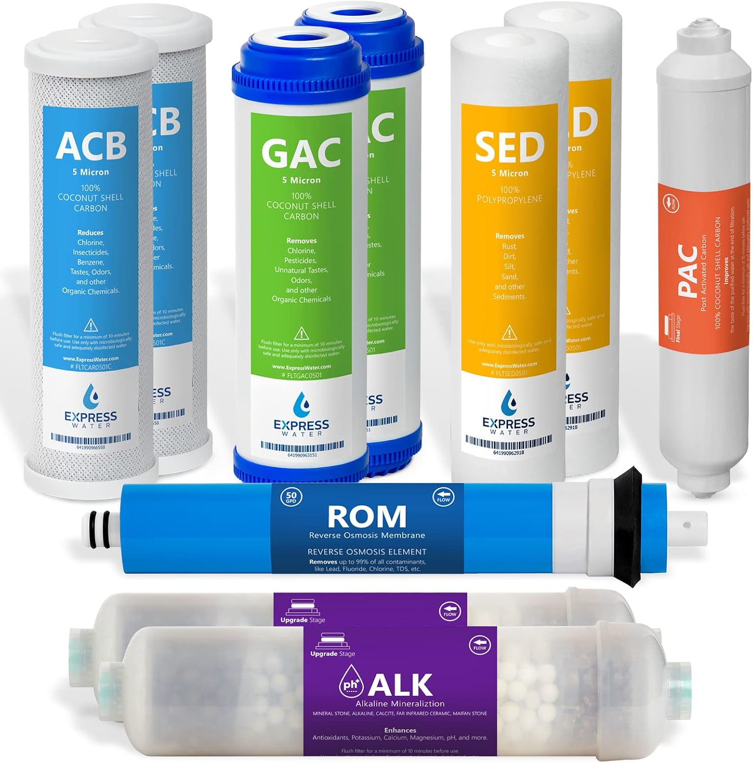 Express Water FLTSETALK105Q 1 Year Alkaline Reverse Osmosis System Replacement Set – 10 Filters with 50 GPD RO Membrane Count (Pack of 1), Blue, Green, Yellow, Pink, Purple, White