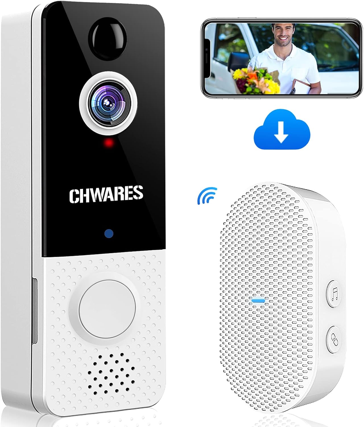 Wireless Video Doorbell Camera 1080p HD with Chime, Motion Detector, Night Vision, 2-Way Audio, Battery Powered, Free Cloud Storage, No Monthly Fee by CHWARES Pack of 2