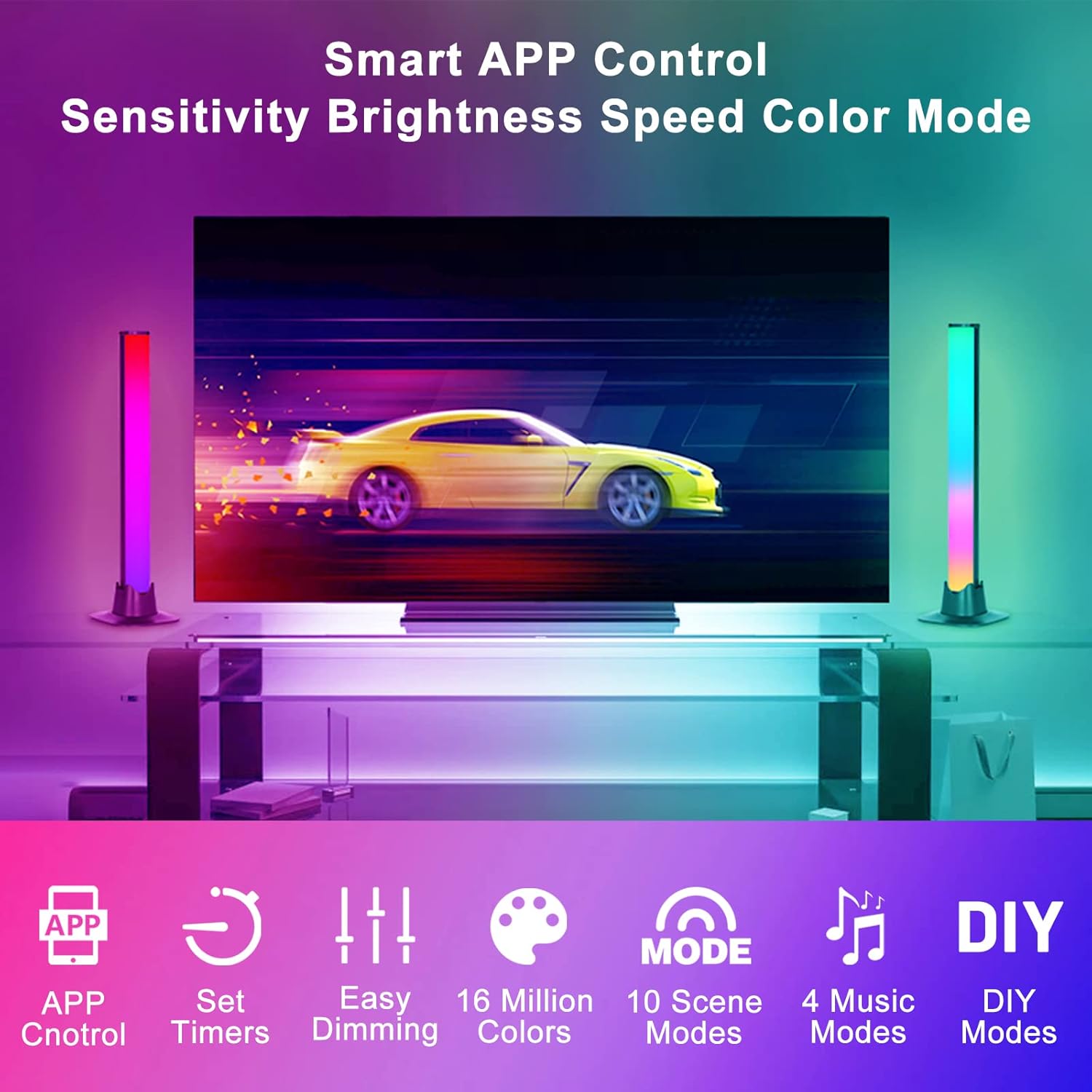 Smart Led Light Bars,RGB Flow Gaming Lights with Sync Music,TV Backlight with 16 Million Colors,USB Ambient Lights,Mood Lighting for Gaming Accessories,RGB Light Bar for Room Decoration(2pcs) Pack of 2