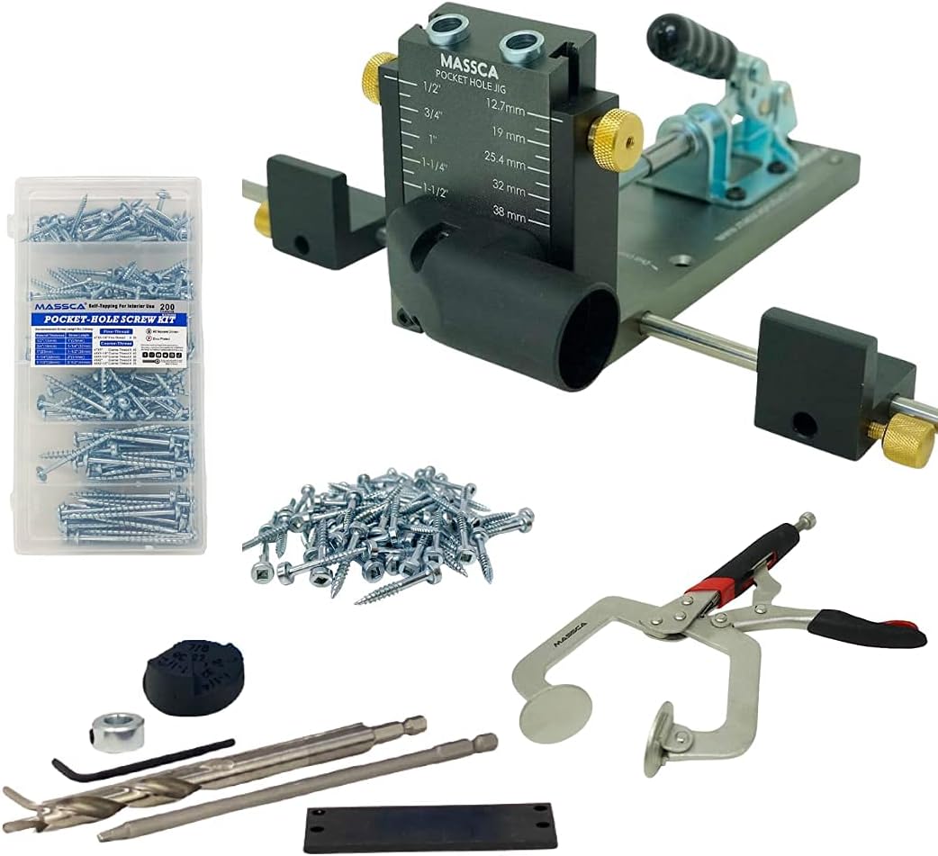 Massca Pro Aluminum Pocket Hole Jig System Set -M2 Bundle &ndash; Adjustable & Easy to Use Joinery Woodworking Tool w/Drill Bit, Hex Key Screws, Square Driver, Stop Collar & Face Clamp