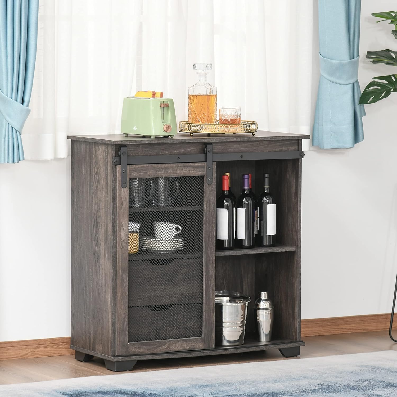 HOMCOM Industrial Freestanding Sideboard Buffet with 2 Drawers, 2 Shelves & Metal Mesh Door, Dark Brown/Black