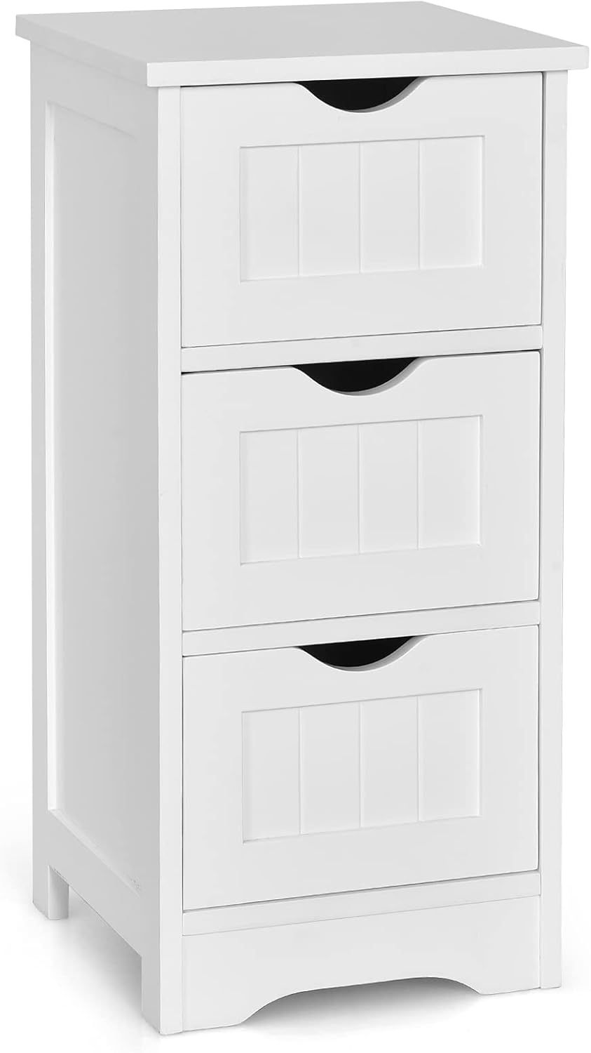 Tangkula Bathroom Floor Cabinet with 3 Drawer, Tower Storage Cabinet with Anti-Tipping Device & Cut-Out Handle, Wooden Freestanding Side Storage Cabinet for Bathroom Living Room Home Office (White) Pack of 2