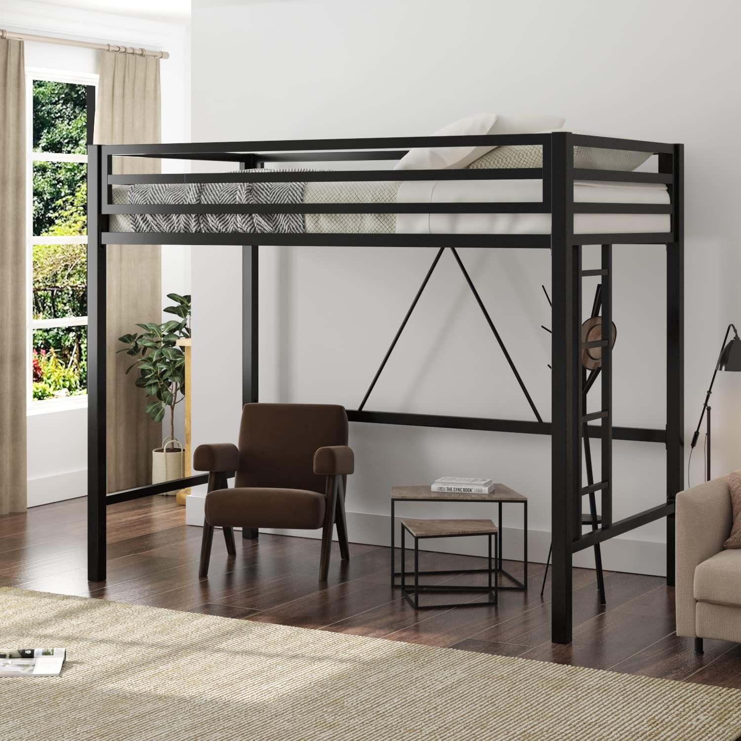 Allewie Metal Twin Loft Bed Frame with Removable Ladder & Guardrail, Space-Saving, Noise Free, Black