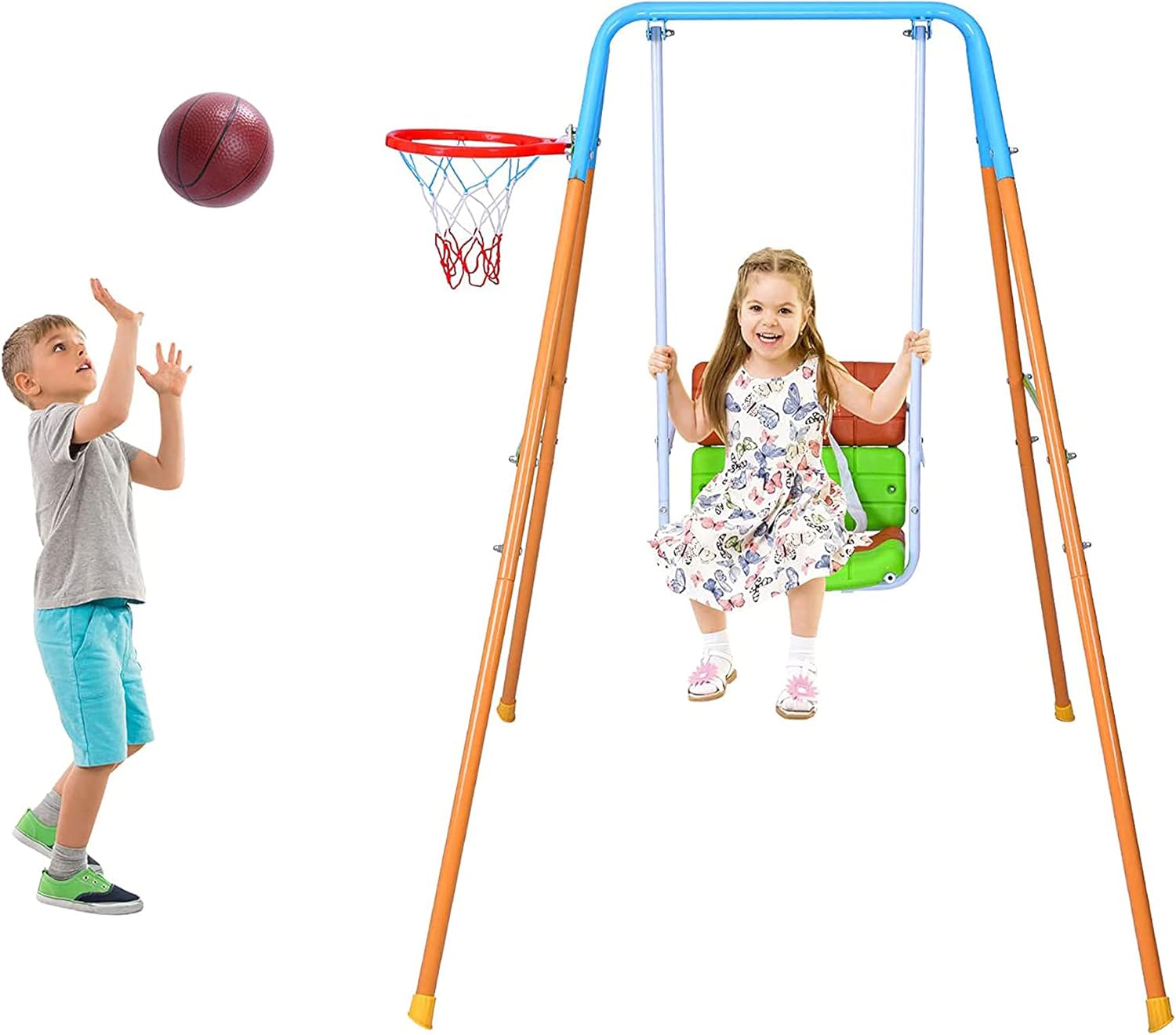 Vilobos Toddler Swing Set 2 in 1 Swing & Basketball Kids Outdoor/Indoor Backyard Metal Swings with Seat for Baby/Children's Gift