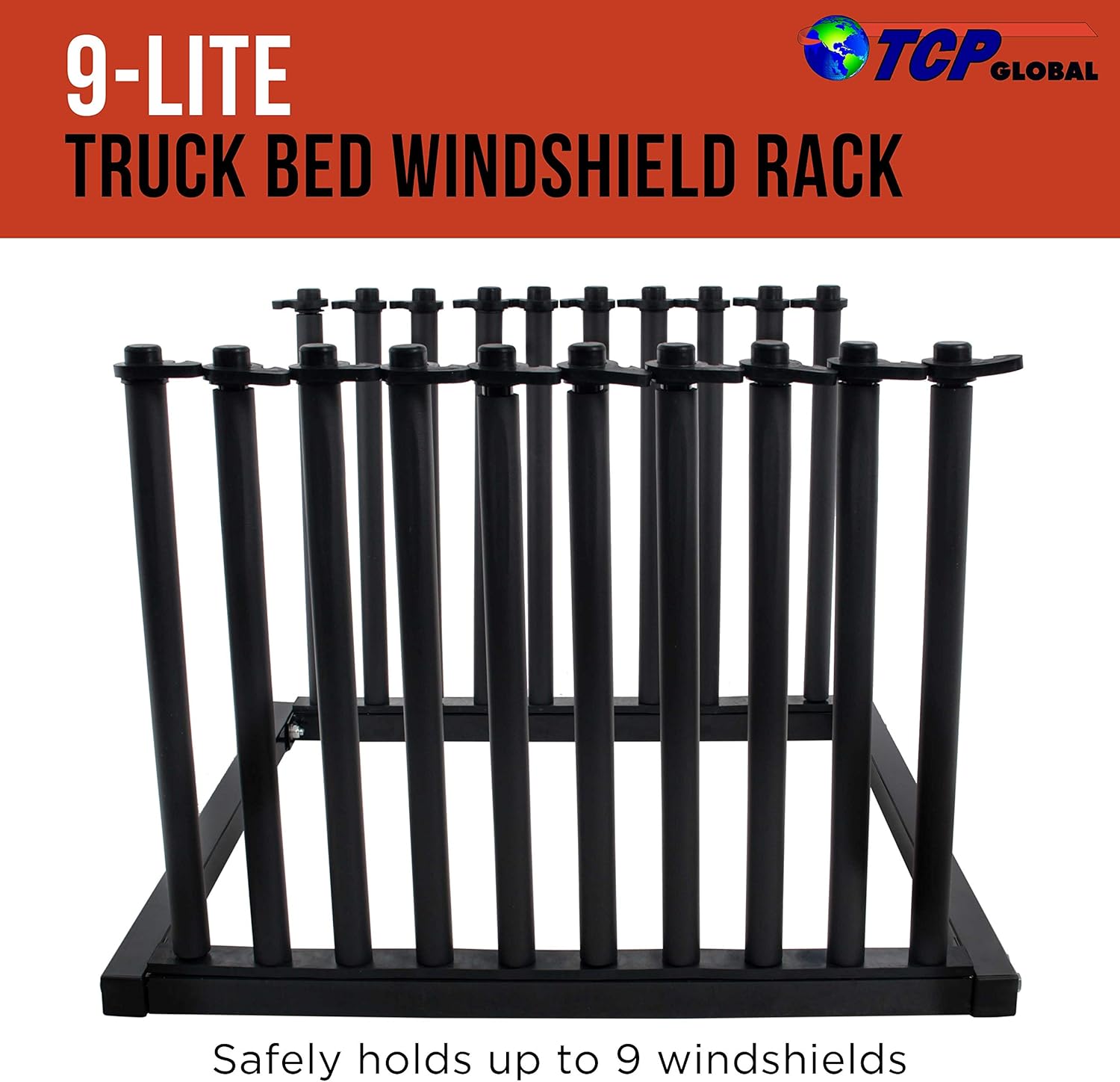 TCP Global 9-Lite Truck Bed Windshield Rack - Mobile 9 Slot Auto Glass Cargo Protection Management Rack - Safety Rubber Foam Pads, Mast Locks - Replacement Windshield Window Holder