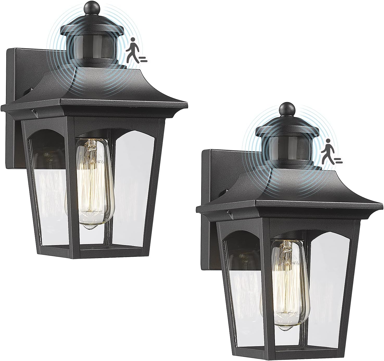 FEMILA 2 Pack Dusk to Dawn Wall Lights, Motion Sensor Outdoor Wall Sconce Lantern, Anti-Rust Exterior Wall Lighting Fixtures, Black Finish with Clear Glass Panel, 4FW48B-SE-2PK BK