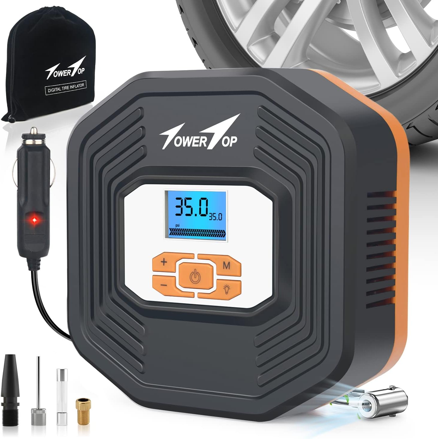 Air Compressor Tire Inflator: Portable 12V DC Air Pump for Car Tires 100PSI Tire Pump with Digital Pressure Gauge, LED Emergency Lights for Car, Bicycle, Moto, SUV, Ball (TowerTop TF-100) Pack of 2