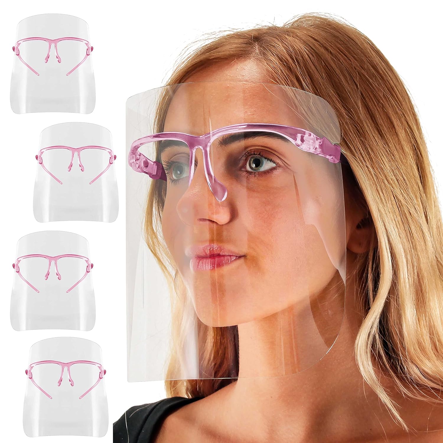 TCP Global Salon World Safety Face Shields with Pink Glasses Frames (Pack of 4) - Ultra Clear Protective Full Face Shields to Protect Eyes, Nose, Mouth - Anti-Fog PET Plastic, Goggles