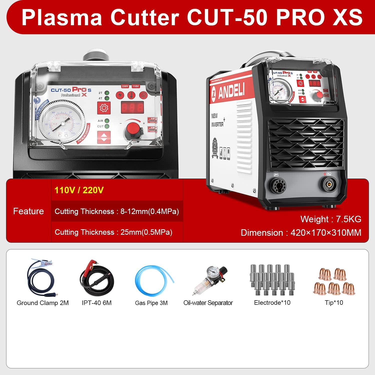 ANDELI 50Amp Plasma Cutter Maximum Cut Thickness 13/16&Prime;(30mm) Low Frequency DC Inverter IGBT Air Plasma Cutting Machine CUT-50 Pro XS (110V/220V)