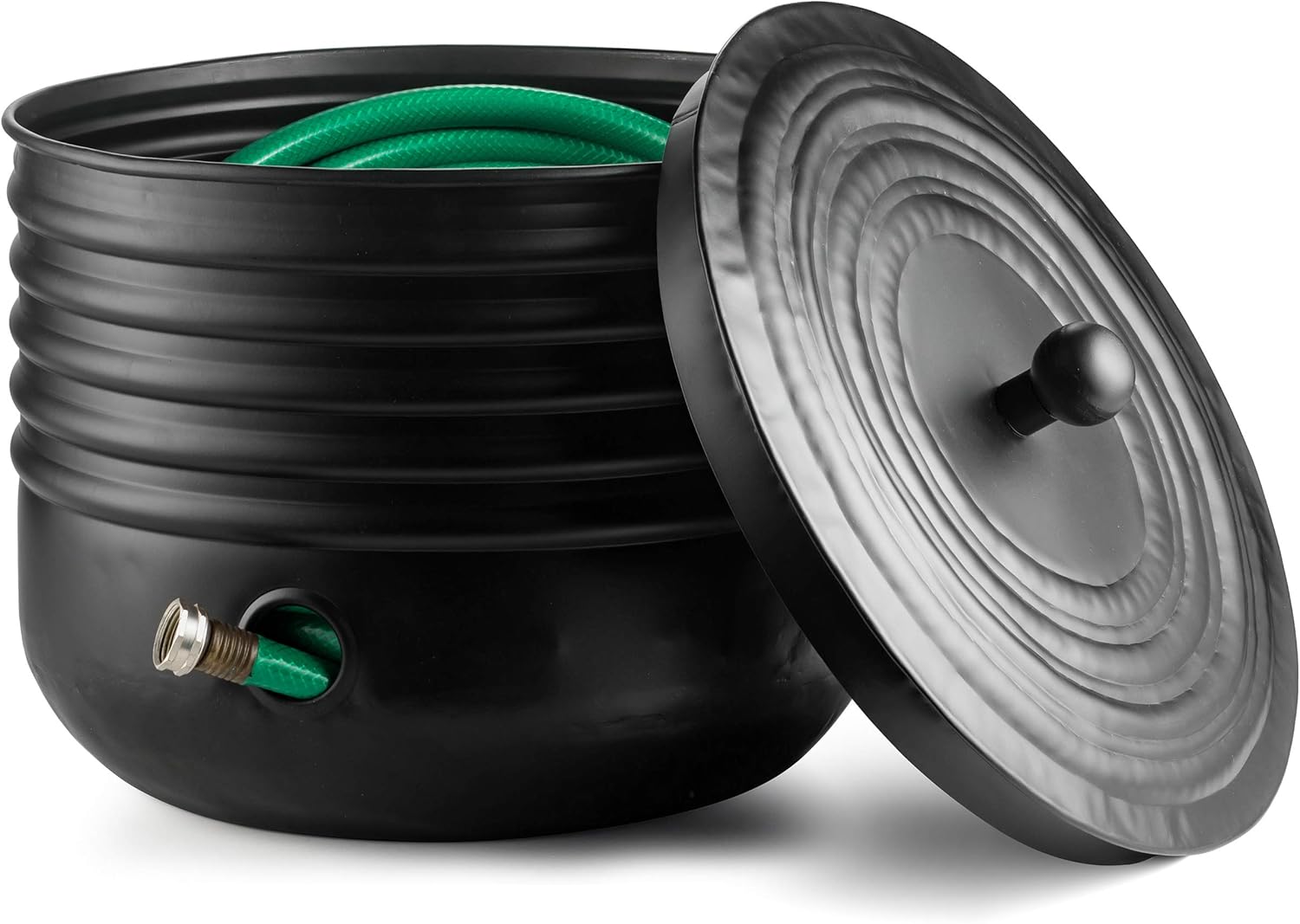 LifeSmart Ribbed Steel Garden Hose Pot Holder with Lid Black 16 x 12 Inches