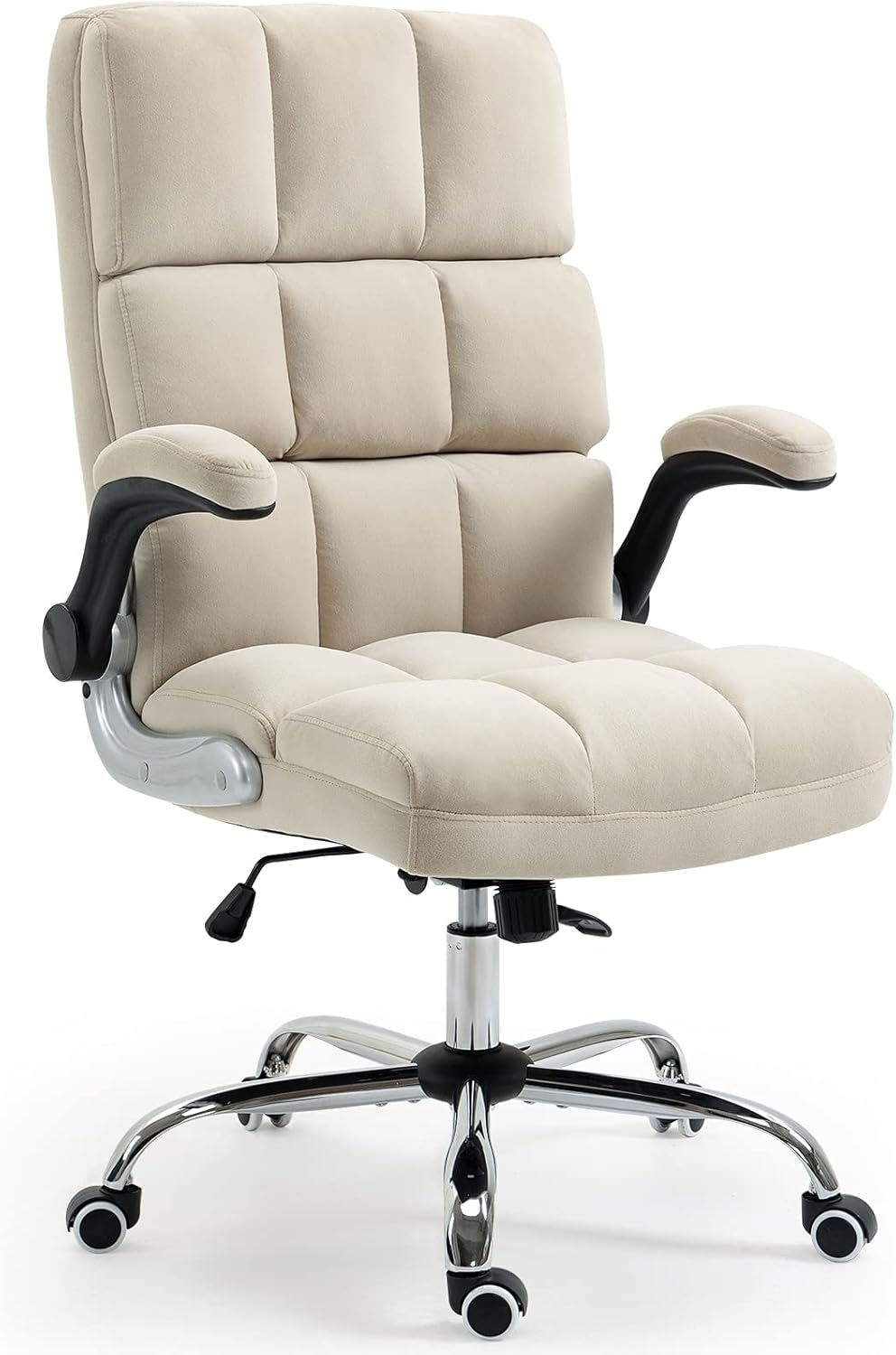AVAWING Velvet Office Chair w/Wheels, Executive Computer Desk Chair w/Adjustable Tilt Angle and Flip-up Arms, High-Back Ergonomic Padding Chair, Grey