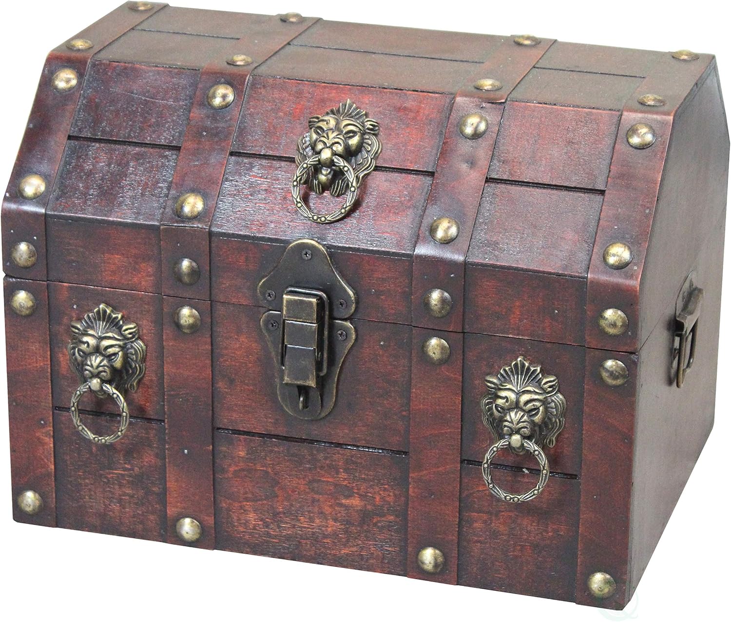 Vintiquewise Antique Wooden Pirate Treasure Chest with Lion Rings and Lockable Latch, Black