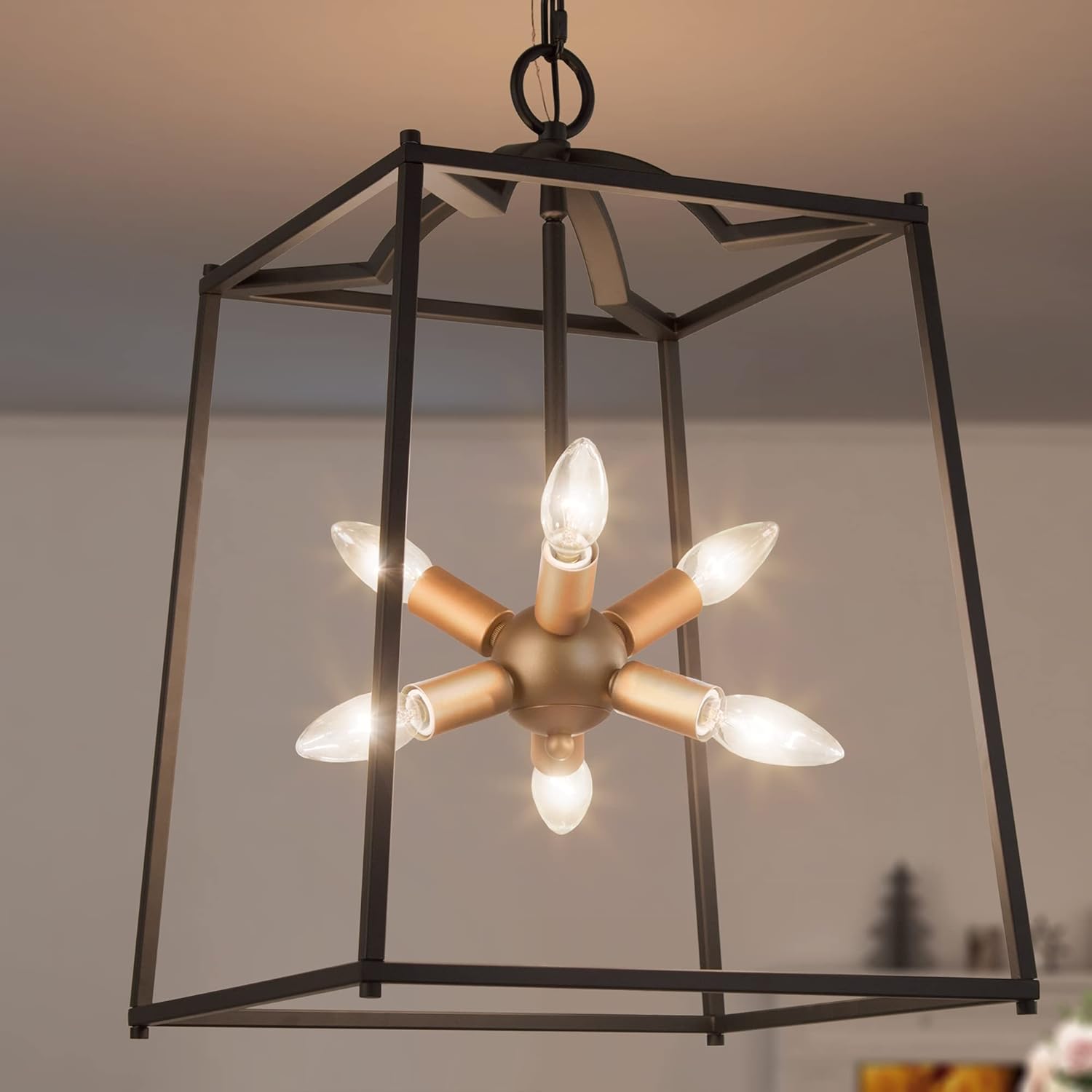 Durent Lighting Modern Lantern Chandelier, 6-Light Black Cage Chandelier Lighting Fixture, Gold Bulb Base Contemporary Farmhouse Chandelier for Dining Room, Bedroom, Kitchen Island, Dia 14&rdquo;