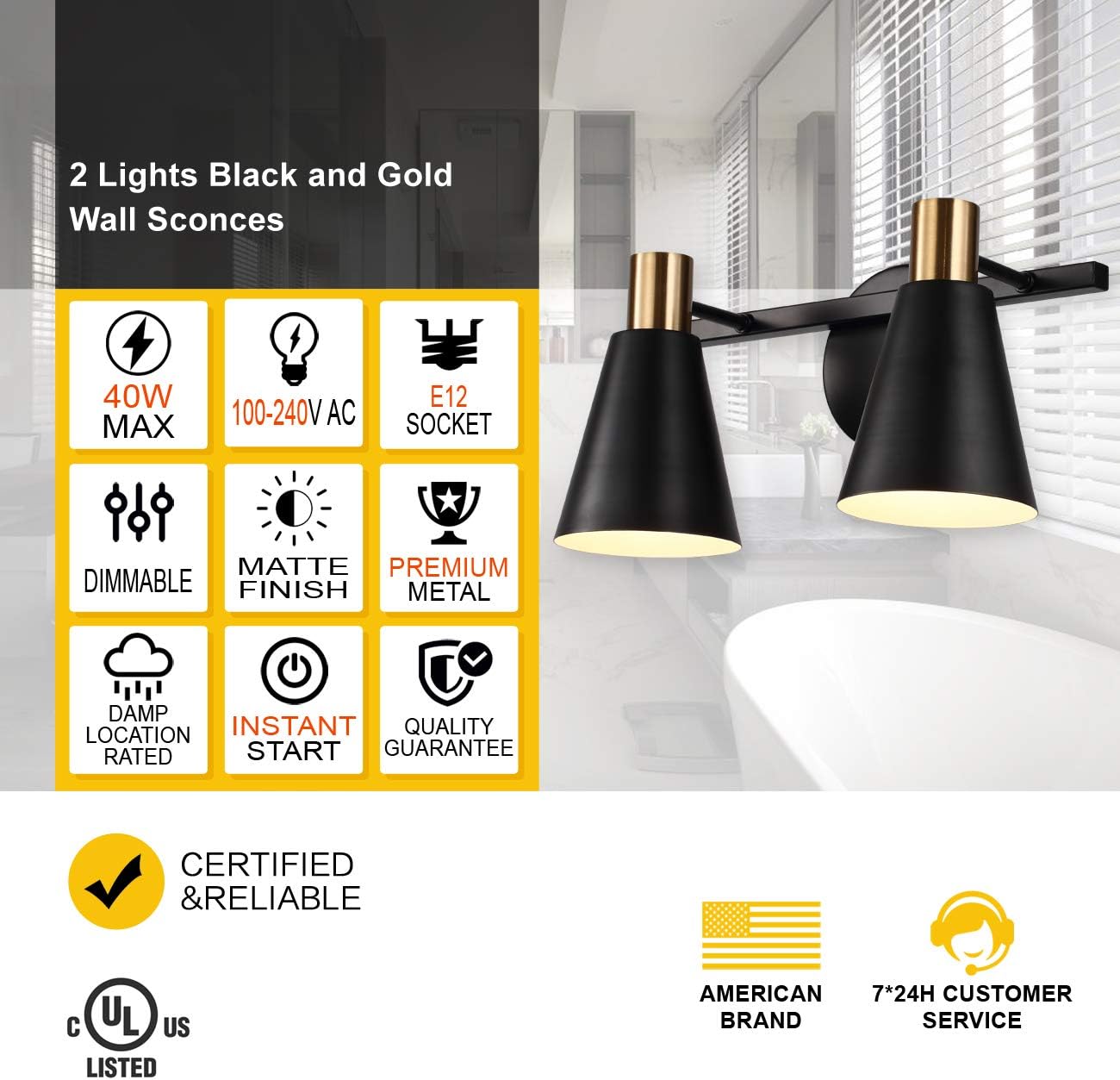 Hamilyeah 2 Light Bathroom Vanity Light Over Mirror, Rustic Wall Mount Lamp, Kitchen Light Fixtures, Matte Black and Gold Sconces Wall Lighting for Power Room Living Room Bedroom UL Listed