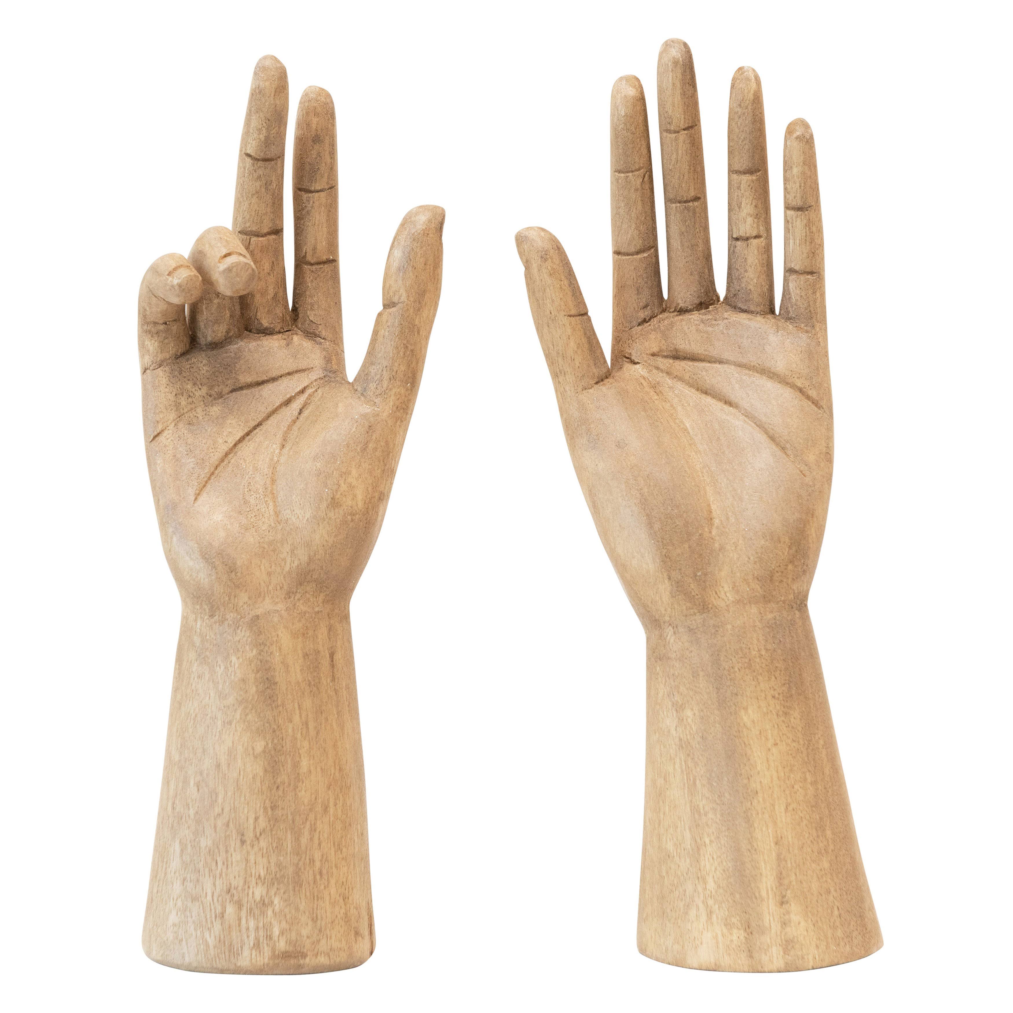 Hand-Carved Mango Wood Hands, Painted Finish, Set of 2 (Hangs or Sits) (Each One Will Vary)