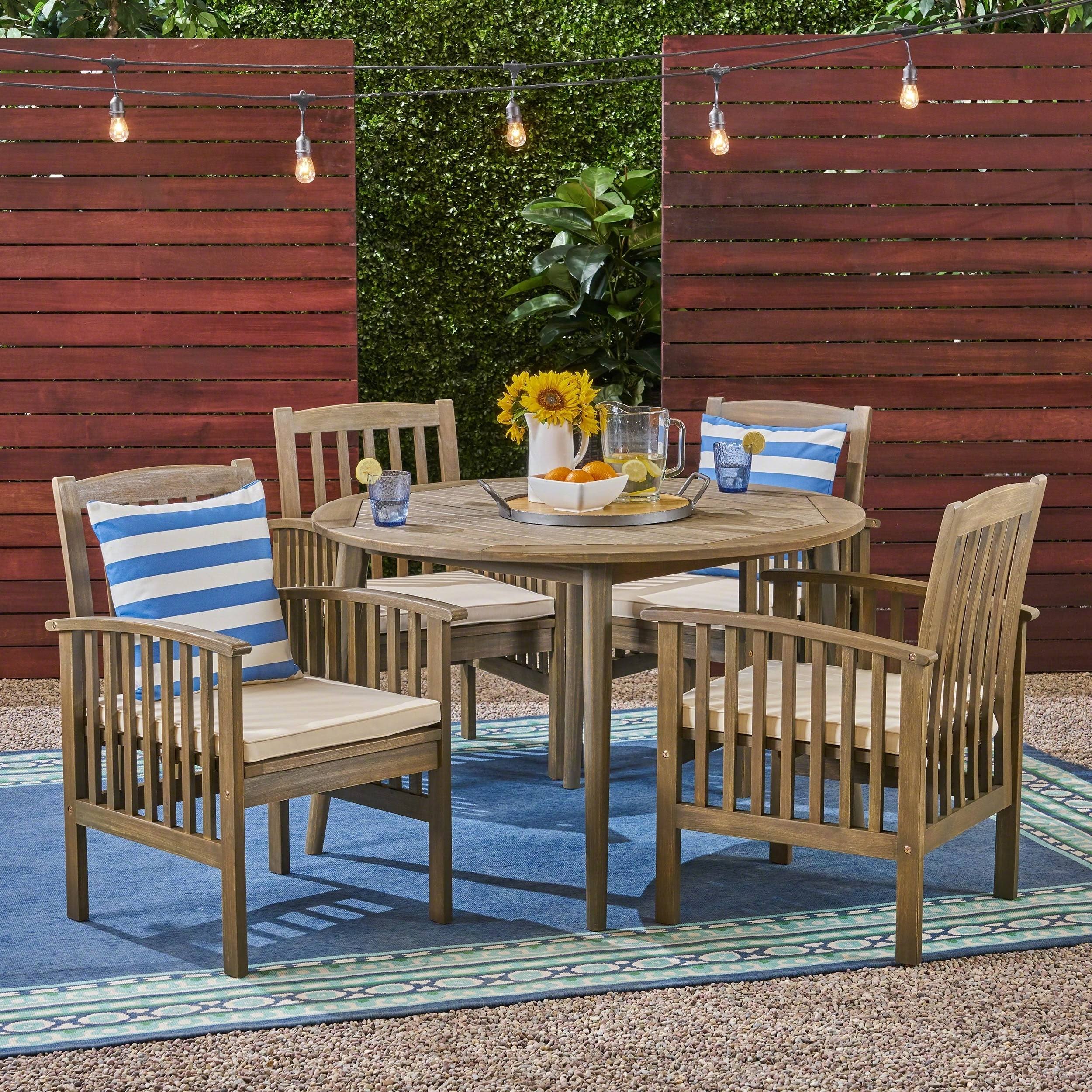 Casa Outdoor 4-Seater 47x22 Round Acacia Dining Set with Straight Legs by Christopher Knight Home (Gray Finish + Cream)
