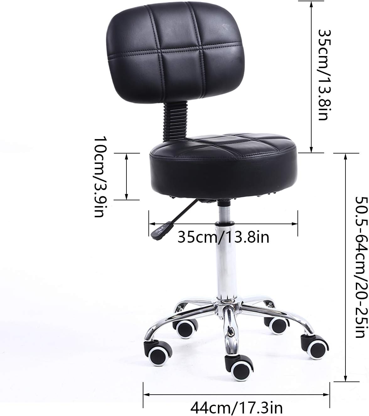KKTONER Round Rolling Stool with Back PU Leather Height Adjustable Swivel Drafting Work SPA Salon Stools Chair with Wheels (Black)