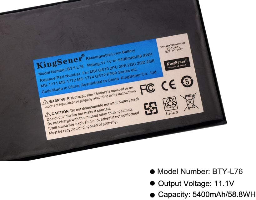 KingSener BTY-L76 Laptop Battery for MSI GS70 MS-1771 MS-1772 MS-1774 2QC-019XCN for Medion Erazer X7615 X7613 5400mAh Pack of 2