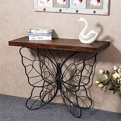 Pemberly Row Luxen Home Dark Wood Tabletop Black Metal Butterfly Accent Table