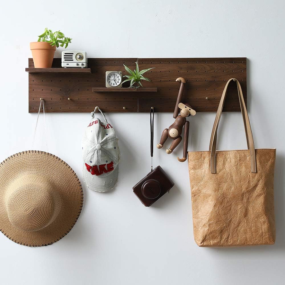 XAOHOME Wooden Pegboard, Sturdy Peg Board for Walls Modular Grid Organizer, DIY Storage and Display Panels with Shelves and Brass Hooks(Yellow) Pack of 2