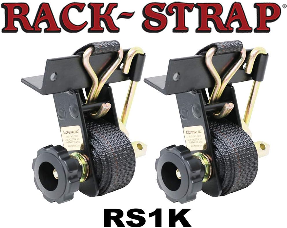 Rack-Strap 2 Pack, RS1K Right Angle Mounting Black Bracket, Bolt Mounting Hardware Included, Zinc-Yellow Hardware, 8 Foot Black Polyester Strap with J Hook. (Black)