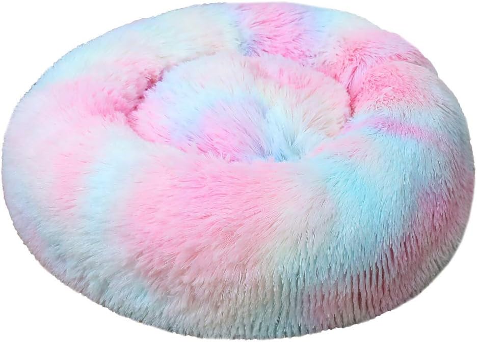 Calming Cute Dog Bed Faux Fur Anti Anxiety Pet Bed Donut Cat Dog Bed with Non-Slip Bottom Self Warming Cat Dog Bed Machine Washable Suitable for Cats and Large Medium Small Dogs Grey-19.6inch