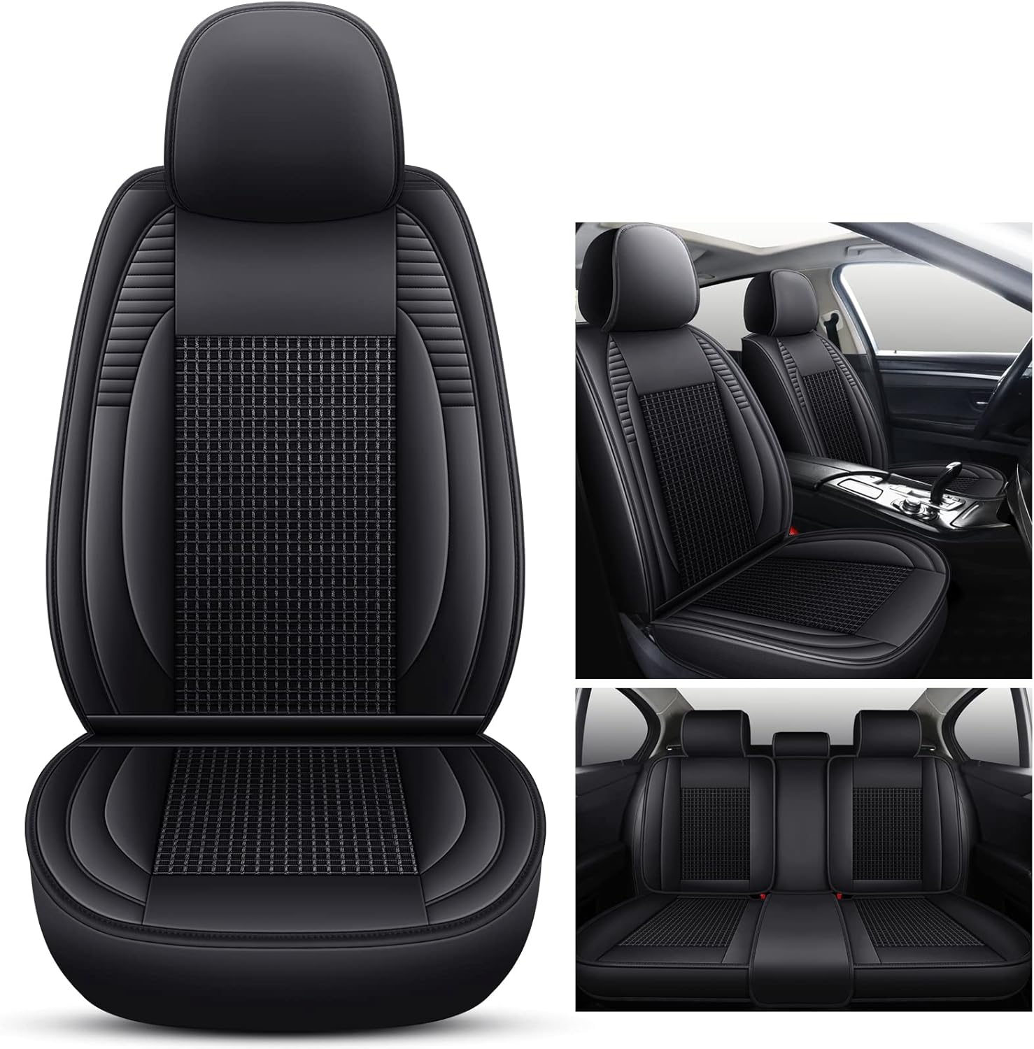 HEYOH Leather&Fabric Car Seat Covers,Full Set Cushion Covers for 5 Seats Cars/SUV/Pick-up Truck, Breathable&All-Season and Universal Fit Auto Interior Accessories (Black,Full Set) GF-5Set