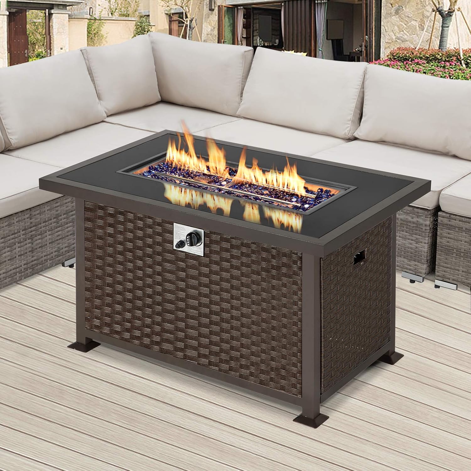 U-MAX Outdoor Propane Gas Fire Pit Table, 44 Inch 50,000 BTU Gas Auto-Ignition Rectangle Firepit for Patio with Brown Rattan Surface,Tempered Glass Lid & Glass Stone Rock CSA Certification