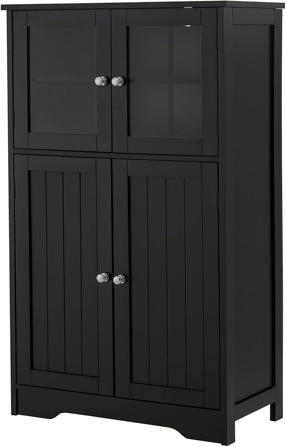 IWELL Bathroom Floor Cabinet, Storage Cabinet with Glass Doors & Adjustable Shelf, Freestanding Storage Organizer for Living Room, Home Office, Black