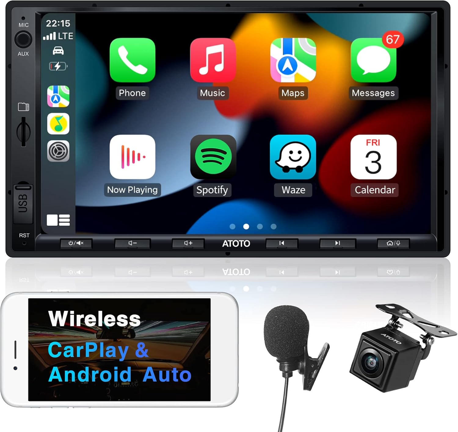 ATOTO F7 XE Wireless CarPlay & Wireless Android Auto Double-DIN Car Stereo, 7 Inch in-Dash Navigation, Mirrorlink, Phone Charge, Bluetooth, QLED Display, SiriusXM, HD LRV Input with Backup Camera, Mic