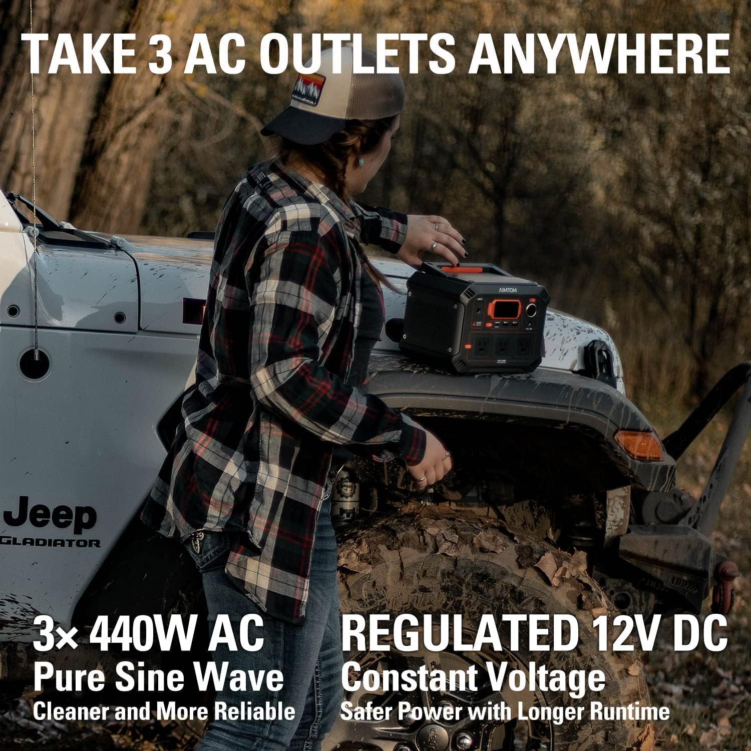 AIMTOM Portable Power Station Rebel 440, 3X 440W AC, 100W USB-C PD, 12V Regulated DC, 2X USB, 403Wh Lithium Battery Solar Generator (Solar Panel Optional) for Camping Outdoor Road Trip Home Emergency