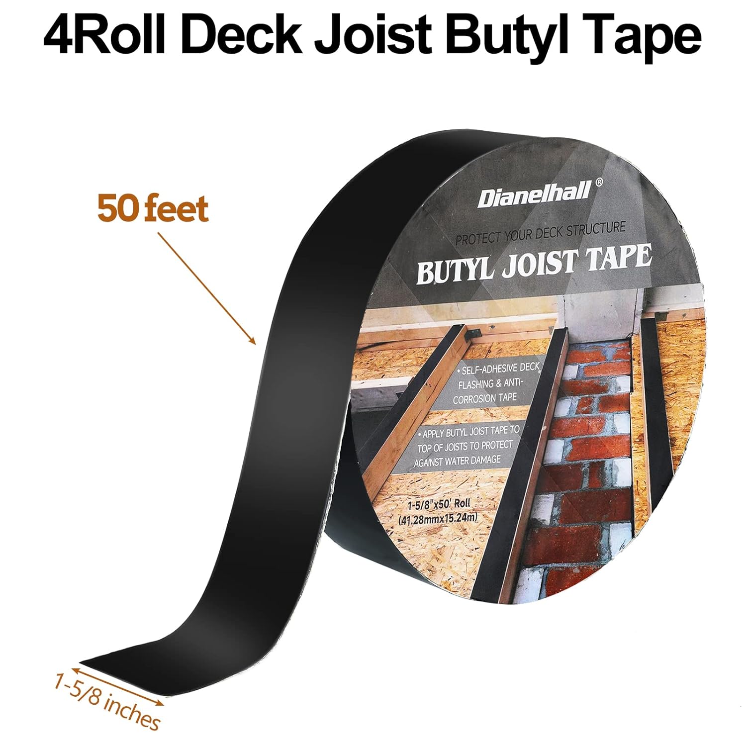 4 Rolls Joist Tape for Decking 1-5/8 Inch x 50 Feet Deck Flashing Tape Joist Protection Tape Butyl Joist Tape for Joists and Beams, Preservative Waterproof Deck Joist Tape, Black