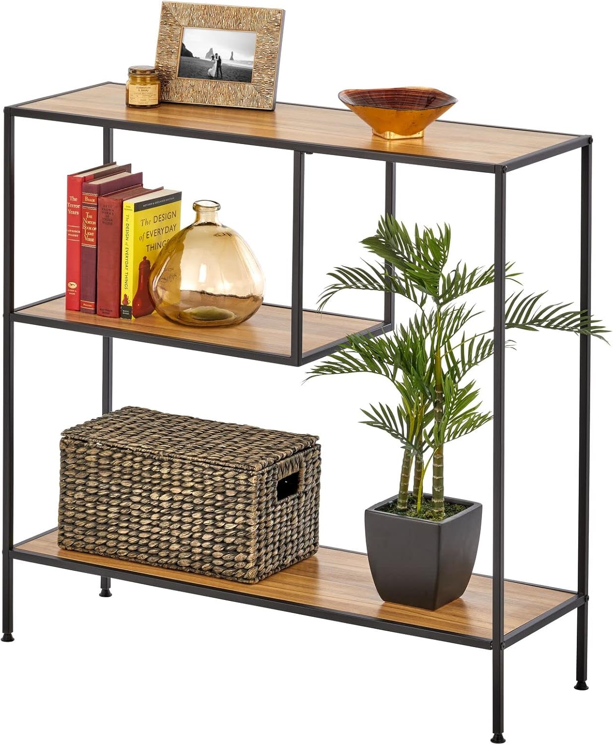 mDesign Modern Wood Console Table with Shelf - Sturdy Metal Frame - Furniture Unit for Living Room, Bedroom, Hallway, Entryway - Adjustable Feet, Water-Resistant, Wood Top - Black/Nordic Walnut