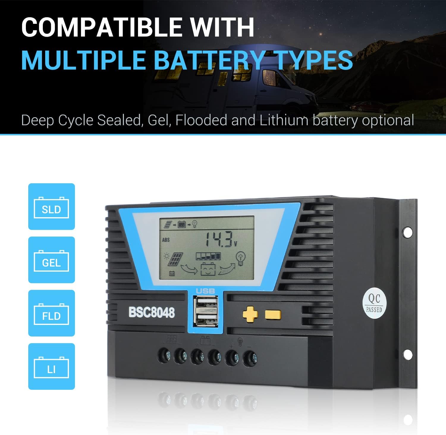 Solar Controller 80A, 12V 24V 36V 48V Auto Dual USB Output Charge Controller Fit for Lithium/Lead-Acid Battery Regulator