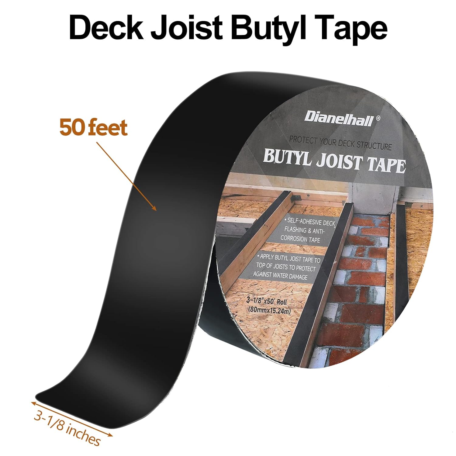 Joist Tape for Decking 50 Feet Deck Flashing Tape Joist Protection Tape Butyl Joist Tape for Joists and Beams, Preservative Waterproof Deck Joist Tape, Black (1 Roll,3-1/8 Inch Width)