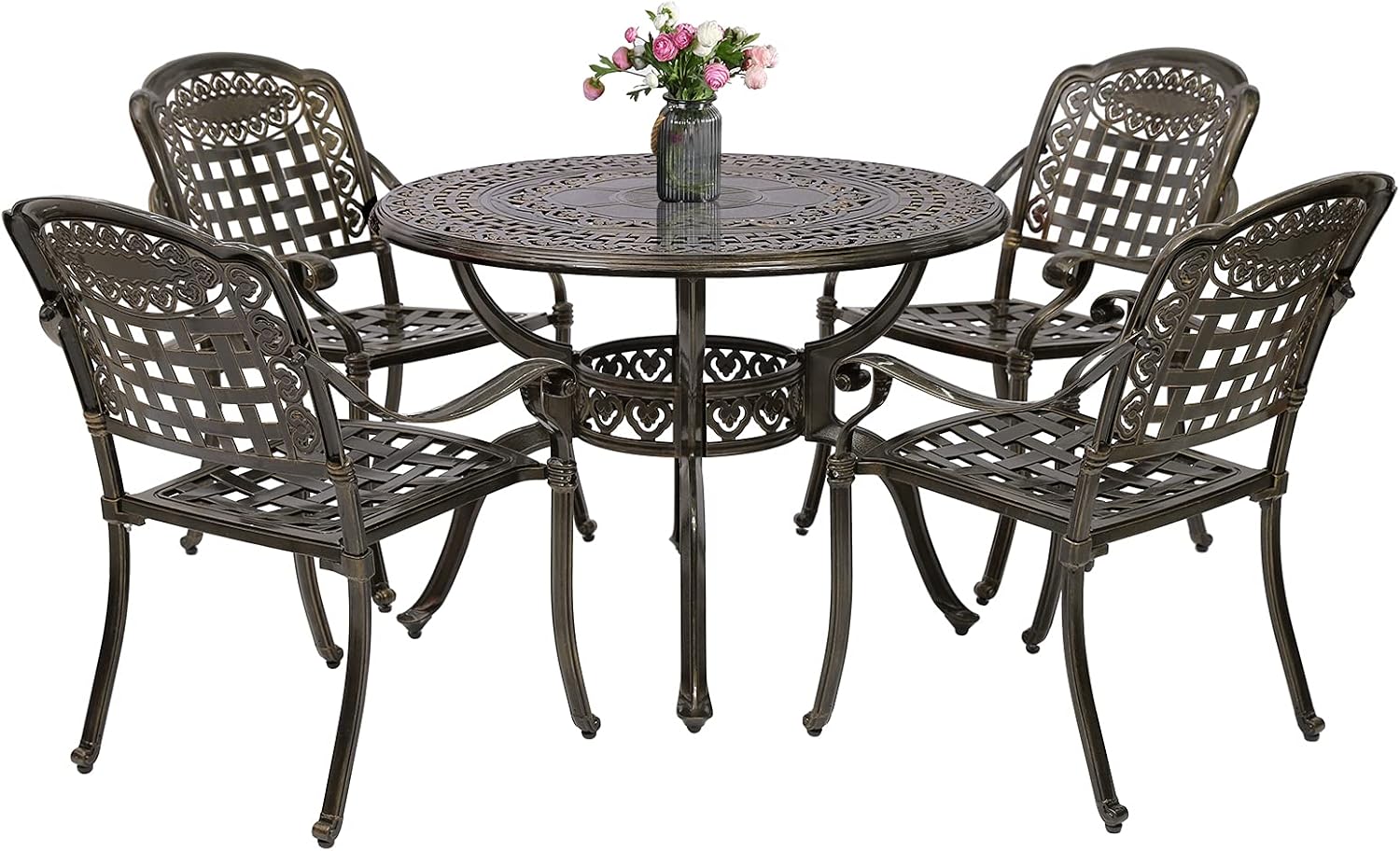 MEETWARM 5 Piece Patio Dining Set, Outdoor All-Weather Cast Aluminum Dining Table Set, Patio Furniture Set for Backyard Garden Deck, Include 4 Chairs and 1 Round Table with Umbrella Hole